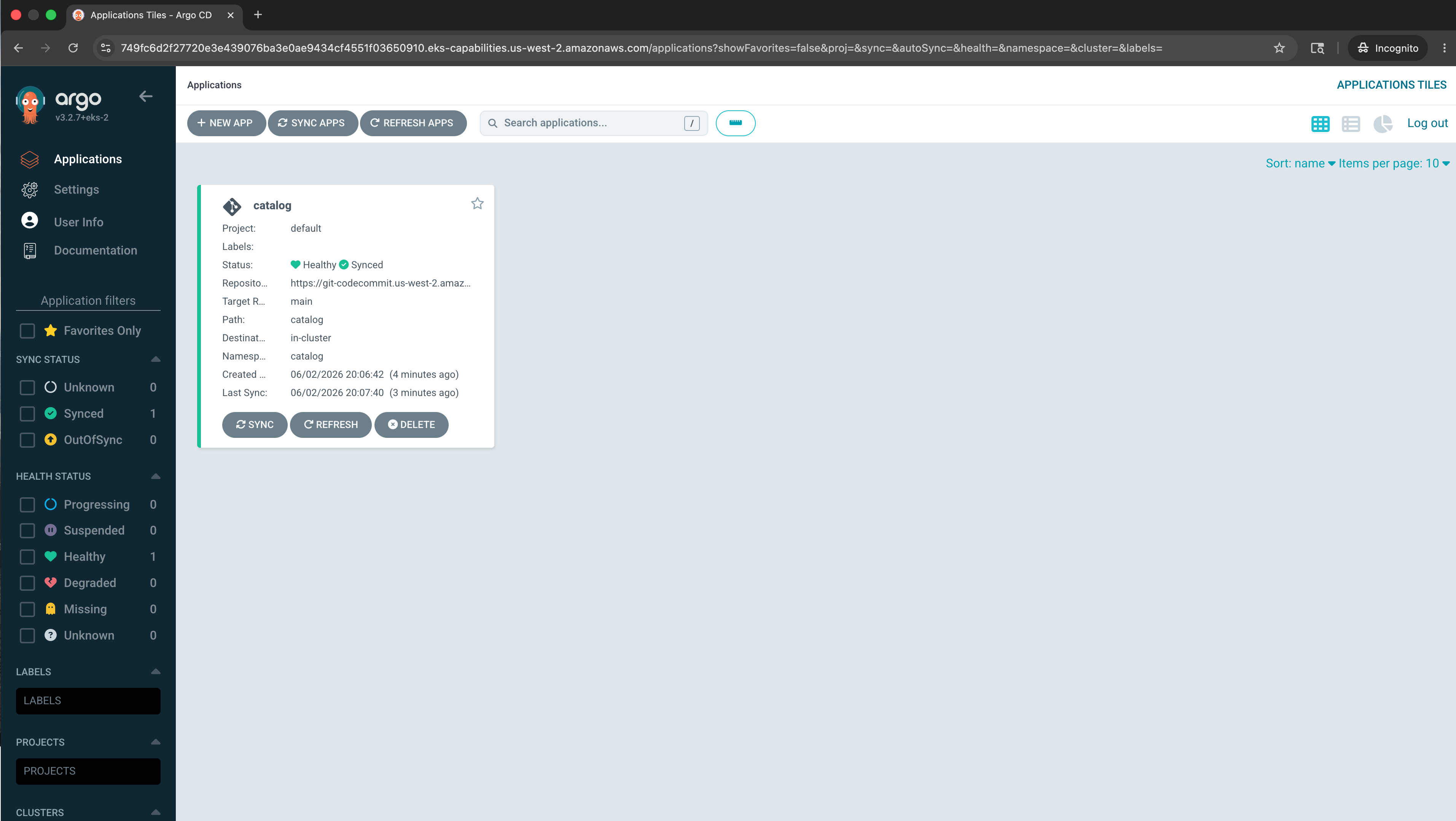 Argo CD UI after Identity Center sign-in